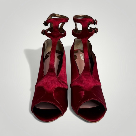 NEW LEON MAX PIKA SATIN & LEATHER WRAP PEEP TOE PUMPS in Bordeaux Size 7 NWOB - Picture 2 of 12